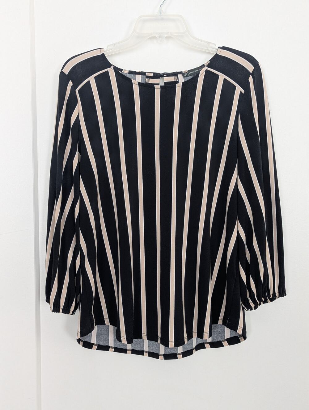 Adrianna Papell Top Womens M Black Beige Stripe /4 cuffed Sleeve Blouse